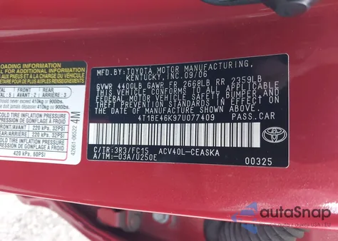 2007 Toyota Camry Se z USA, uszkodzony, nr VIN 4T1BE46K97U077409